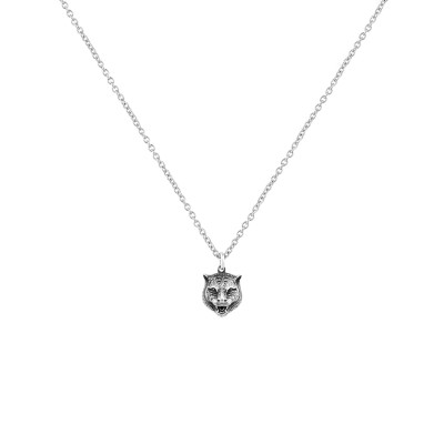 GUCCI ANGER FOREST FELINE HEAD DARK FINISH SILVER NECKLACE 433608